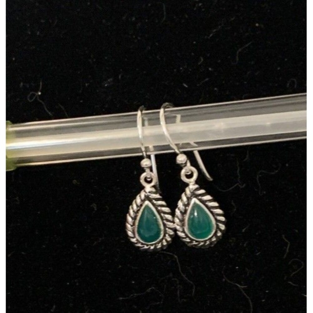Vintage Sterling Silver Green Onyx Hook Earrings Teardrop Western